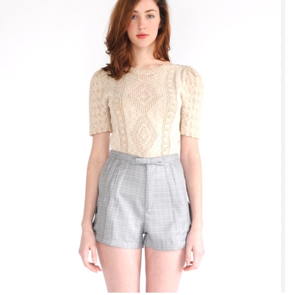 Dear Creatures Sloan Shorts Grey Plaid High Waist Bow Detail Pleated Small‎